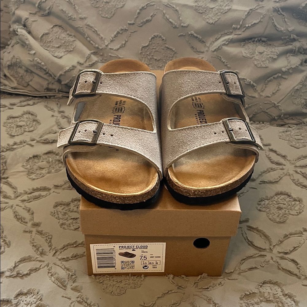 Project Cloud 100% Genuine Leather Flat Sandals For Women 
Taupe Suede